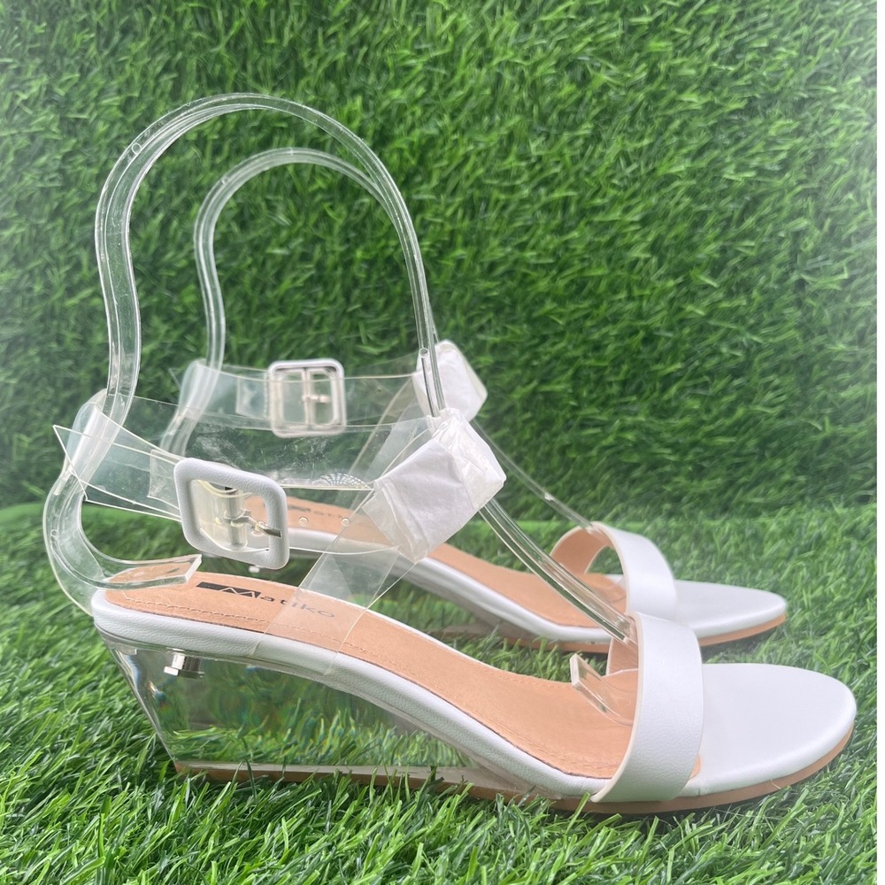 Matiko White Clear Wedge Sandals Ankle Strap Open Toe Women Size 35 Y2K Wedding